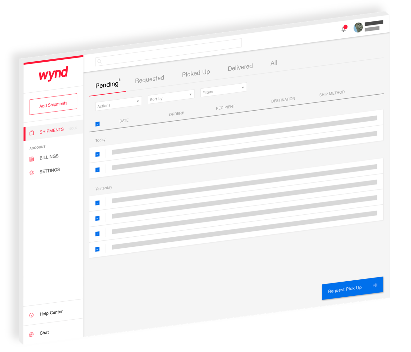 Wynd shipments dashboard